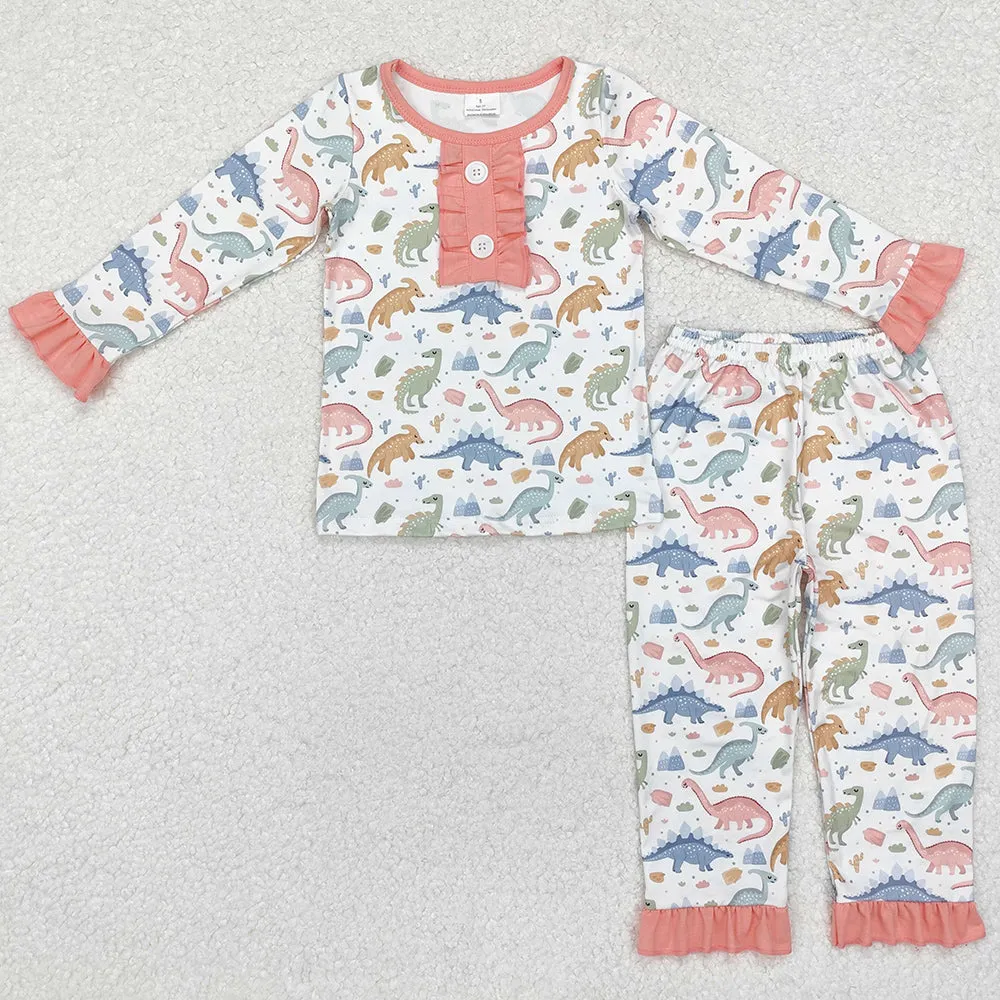 Baby Girls Pajamas Pink Dinosaurs Ruffle Top Pants Pajamas Sets GLP1969