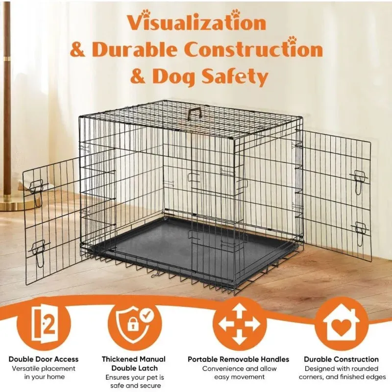 Dog Cage, Double Doors with Dividers, Folding Travel Indoor and Outdoor Dog Cage, Leakproof Plastic Tray Metal Pet Cage