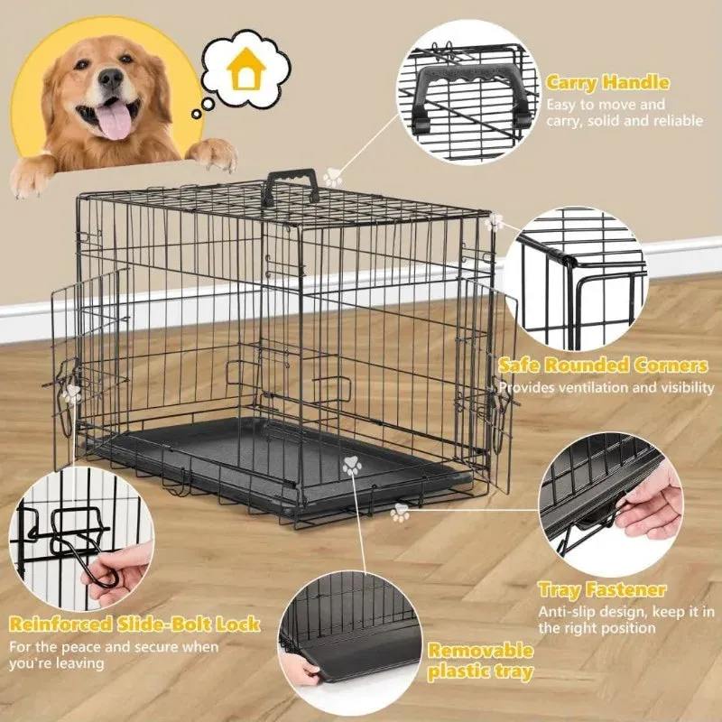 Dog Cage, Double Doors with Dividers, Folding Travel Indoor and Outdoor Dog Cage, Leakproof Plastic Tray Metal Pet Cage