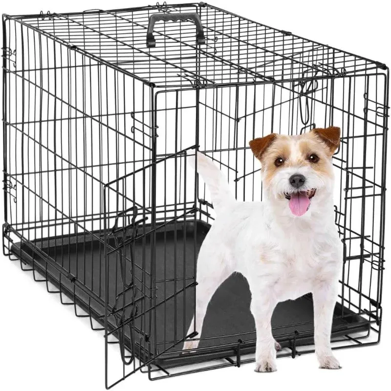 Dog Cage, Double Doors with Dividers, Folding Travel Indoor and Outdoor Dog Cage, Leakproof Plastic Tray Metal Pet Cage
