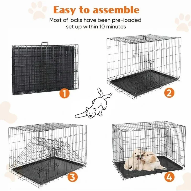 Dog Cage, Double Doors with Dividers, Folding Travel Indoor and Outdoor Dog Cage, Leakproof Plastic Tray Metal Pet Cage