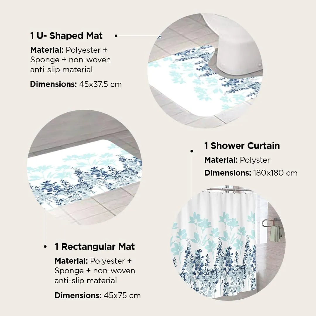 Homestic Shower Curtain & Bathmat Set | Non-Slip Bath mats for Bathroom | Easy-Slide Curtains | Polyester Curtain or Bathmat for Bath Décor | XTL248-3T | 3 Pcs Set | Multicolor