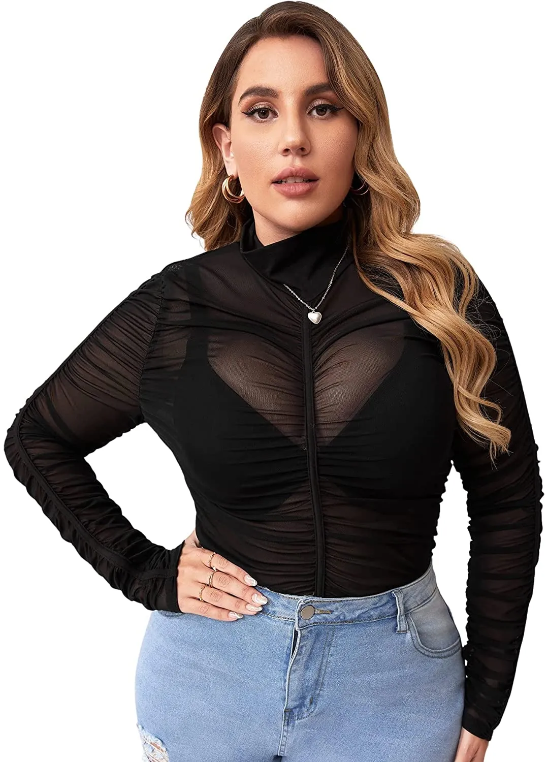 Mock Neck Black Sheer Mesh Long Sleeve Plus Size Blouse