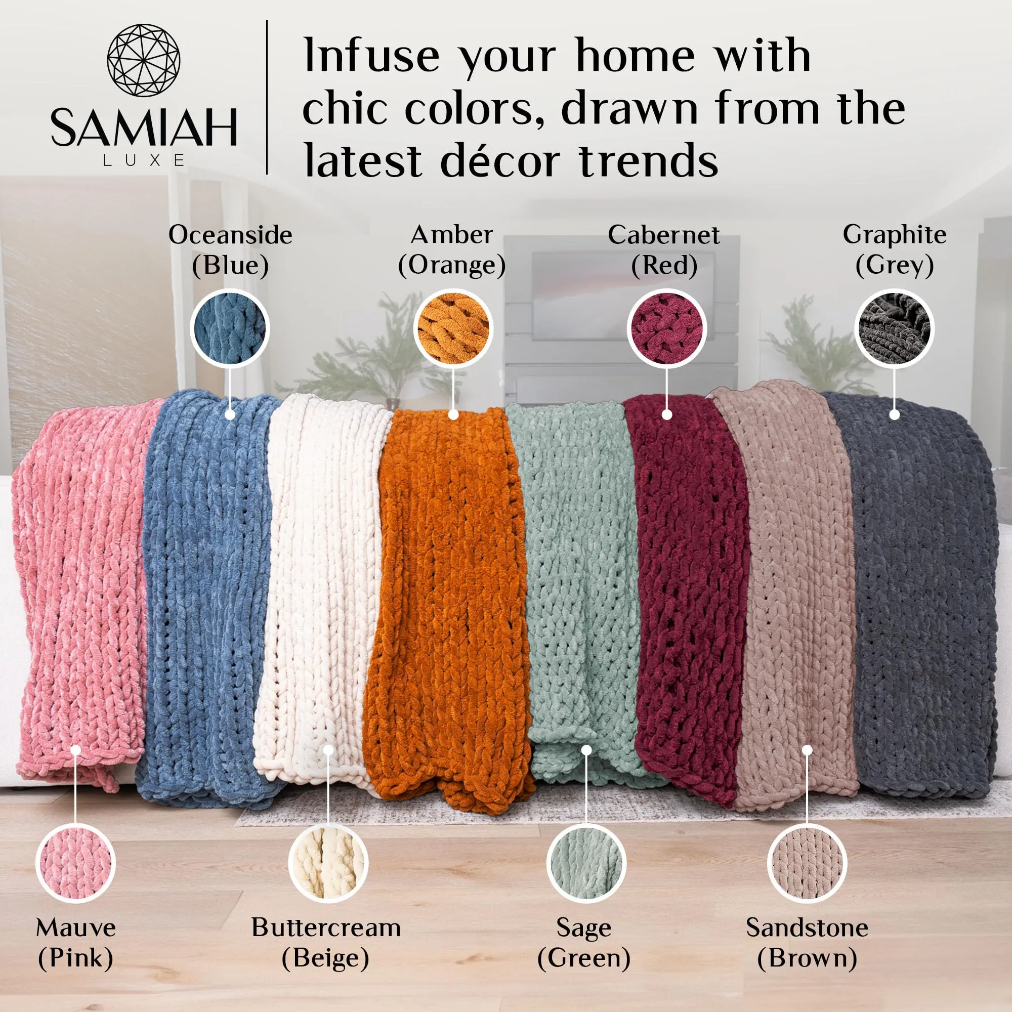 SAMIAH LUXE Chunky Knit Blanket Throw 50x60, Red Wine Chunky Knit Throw Blanket for Couch, Large Chunky Knitted Throw Blanket, Chenille Throw Blanket, Knit Throw Blanket for Bed, Knit Chunky Blanket