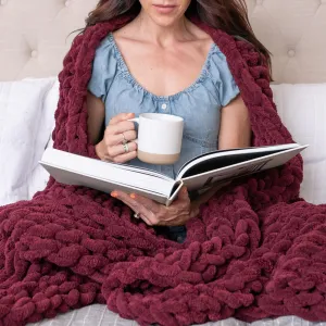 SAMIAH LUXE Chunky Knit Blanket Throw 50x60, Red Wine Chunky Knit Throw Blanket for Couch, Large Chunky Knitted Throw Blanket, Chenille Throw Blanket, Knit Throw Blanket for Bed, Knit Chunky Blanket