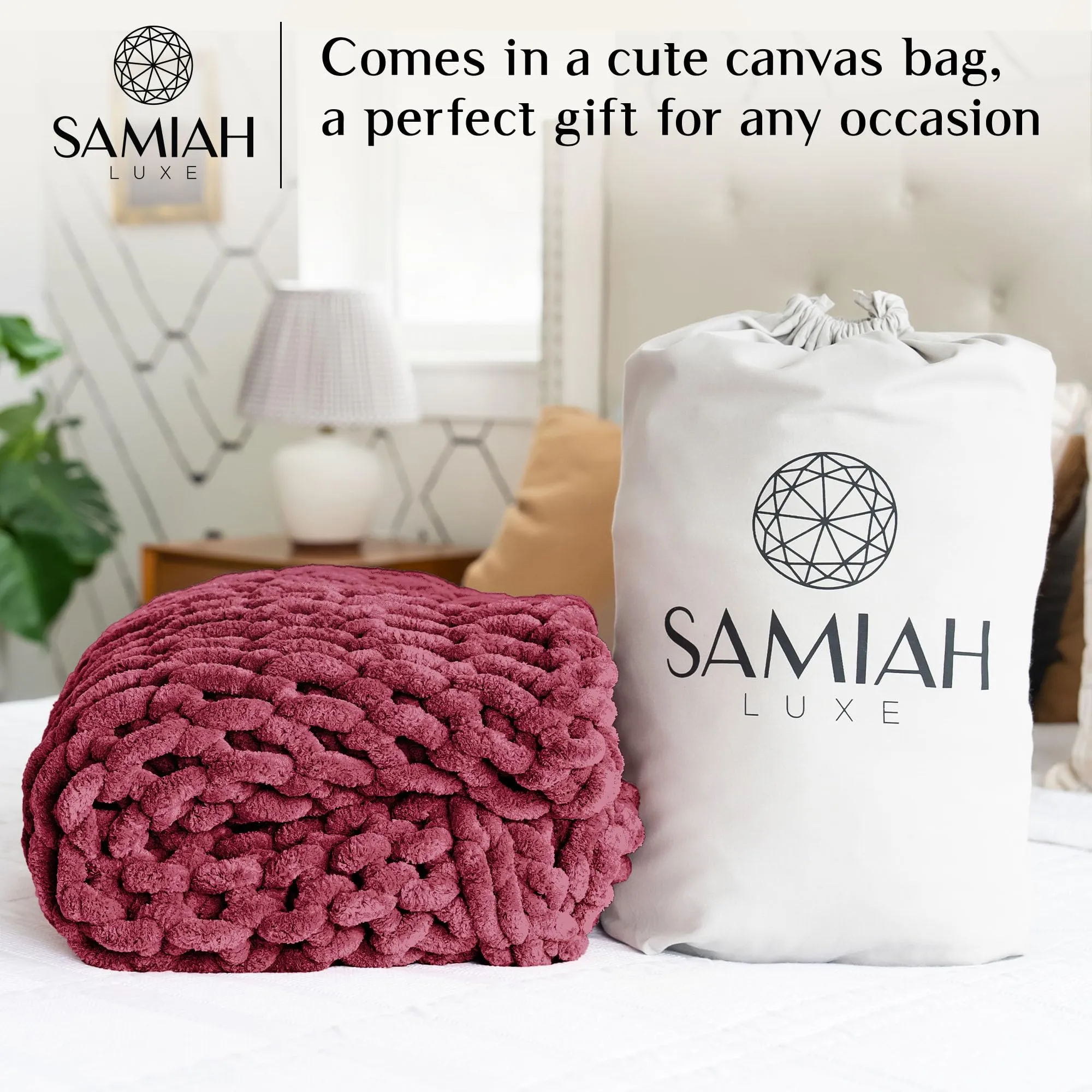 SAMIAH LUXE Chunky Knit Blanket Throw 50x60, Red Wine Chunky Knit Throw Blanket for Couch, Large Chunky Knitted Throw Blanket, Chenille Throw Blanket, Knit Throw Blanket for Bed, Knit Chunky Blanket