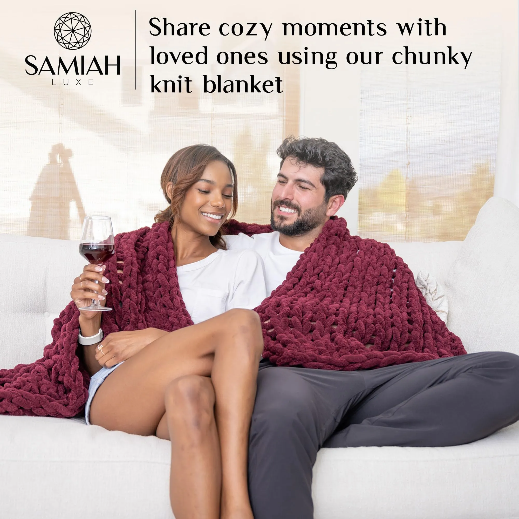 SAMIAH LUXE Chunky Knit Blanket Throw 50x60, Red Wine Chunky Knit Throw Blanket for Couch, Large Chunky Knitted Throw Blanket, Chenille Throw Blanket, Knit Throw Blanket for Bed, Knit Chunky Blanket
