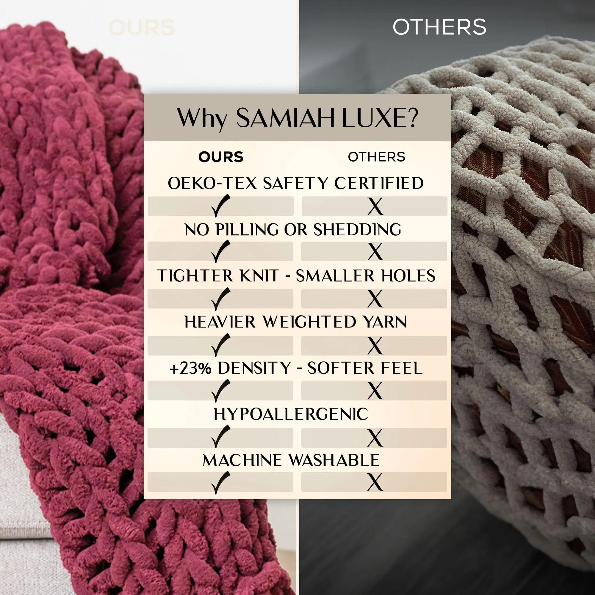SAMIAH LUXE Chunky Knit Blanket Throw 50x60, Red Wine Chunky Knit Throw Blanket for Couch, Large Chunky Knitted Throw Blanket, Chenille Throw Blanket, Knit Throw Blanket for Bed, Knit Chunky Blanket