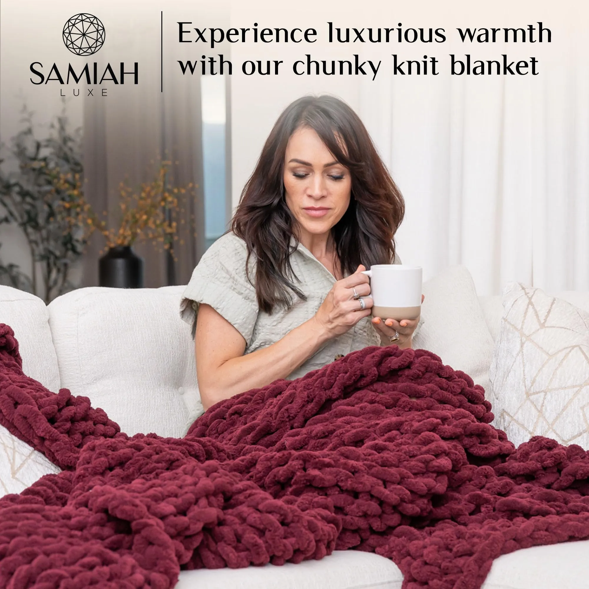 SAMIAH LUXE Chunky Knit Blanket Throw 50x60, Red Wine Chunky Knit Throw Blanket for Couch, Large Chunky Knitted Throw Blanket, Chenille Throw Blanket, Knit Throw Blanket for Bed, Knit Chunky Blanket